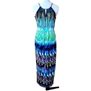 Carole Little Maxi Dress Sz 8 Sleeveless Tropical Blue Green Y2K 90s Beachy Boho